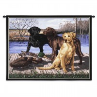 The Board Meeting by Bob Christie - Woven Tapestry Wall Art Hanging - Labradors Waiting on Dock with Ducks - Cotton - Size 34x26