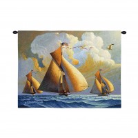 The Searam by Charles Wysocki - Woven Tapestry Wall Art Hanging - Billowing Sailboats on Majestic Ocean - 100% Cotton Size 34x26