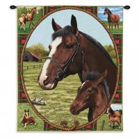 Thoroughbred Mare and Foal - Woven Tapestry Wall Art Hanging - Horse and Foal on Plaid with Equestrian Imagery - 100% Cotton Size 34x26