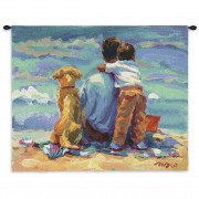 Treasured Moment by Lucelle Raad - Woven Tapestry Wall Art Hanging - Precious Father Son Beach Scene with Dog - 100% Cotton Size 36x27
