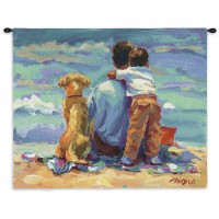 Treasured Moment by Lucelle Raad - Woven Tapestry Wall Art Hanging - Precious Father Son Beach Scene with Dog - 100% Cotton Size 36x27