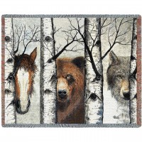 Trio - Horse Bear Wolf - John Saunders - Cotton Woven Blanket Throw -  (72x54)