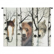Trio - Woven Tapestry Wall Art Hanging - Diverse Wildlife among Birch Trees - Cotton - Size 34x26