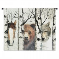 Trio - Woven Tapestry Wall Art Hanging - Diverse Wildlife among Birch Trees - Cotton - Size 34x26