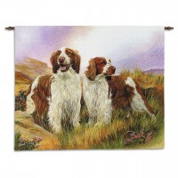 Welsh Springer Spaniel by Robert May - Woven Tapestry Wall Art Hanging - Happy Dog Pair on Dreamy Field Oil Painting - 100% Cotton Size 34x26