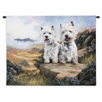 West Highland White Terrier 2 by Robert May - Woven Tapestry Wall Art Hanging - Two Dogs by Field Oil Painting - 100% Cotton Size 34x26