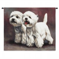 West Highland White Terrier III by Bob Christie - Woven Tapestry Wall Art Hanging - Delightful Pair of Adorable Puppies Oil Painting - 100% Cotton Size 33x26
