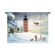 West Quoddy Lighthouse by Charles Wysocki - Woven Tapestry Wall Art Hanging - Whimsical American Coastal Lighthouse in Winter - 100% Cotton Size 34x26