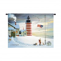 West Quoddy Lighthouse by Charles Wysocki - Woven Tapestry Wall Art Hanging - Whimsical American Coastal Lighthouse in Winter - 100% Cotton Size 34x26
