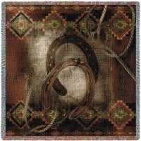 Western Horseshoe - Cowboy - Alma Lee - Lap Square Cotton Woven Blanket Throw -  (54x54)