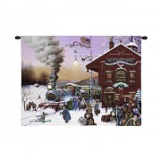Whistle Stop Christmas by Charles Wysocki - Woven Tapestry Wall Art - Winter American Train Station at Christmas - 100% Cotton Size 34x26