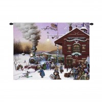Whistle Stop Christmas by Charles Wysocki - Woven Tapestry Wall Art - Winter American Train Station at Christmas - 100% Cotton Size 34x26