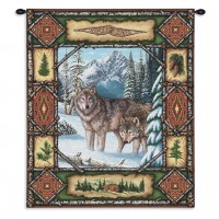 Wolf Lodge - Woven Tapestry Wall Art Hanging - Rustic Wildlife Cabin Theme - Cotton - Size 34x26