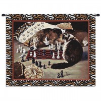 Your Move - Woven Tapestry Wall Art Hanging - Whimsical Dog vs Cat Chess Match - 100% Cotton Size 34x26