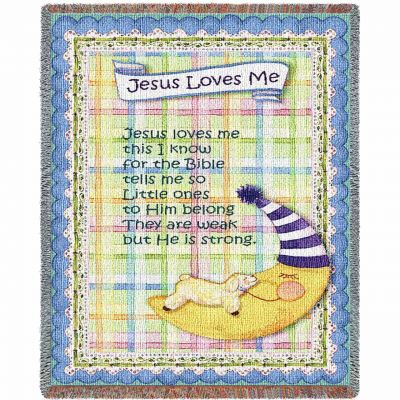 Jesus Loves Me Blue Border Small Blanket 35x54 inch - 666576077374 - 3364-T