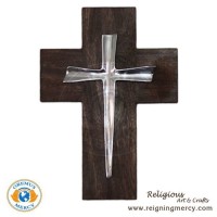 Pewter Cross Mounted on a Wooden Cross (10" x 7.5") Pewter Cross Mounted on a Wooden Cross (10" x 7.5")