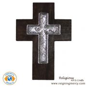 Pewter Designer Cross on a Wooden Cross (10" x 7.5")