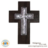 Pewter Designer Cross on a Wooden Cross (10" x 7.5") Pewter Designer Cross on a Wooden Cross (10" x 7.5")