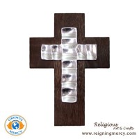 Pewter Wavey Cross Mounted on a Wooden Cross (7.5" x 5")