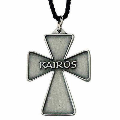 Antiqued Silver Plated Kairos Cross Necklace w/33in. Black Cord - 2Pk -  - P-04