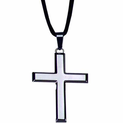 Beveled Edge Stainless Steel Latin Cross Necklace with Cord -  - J-20
