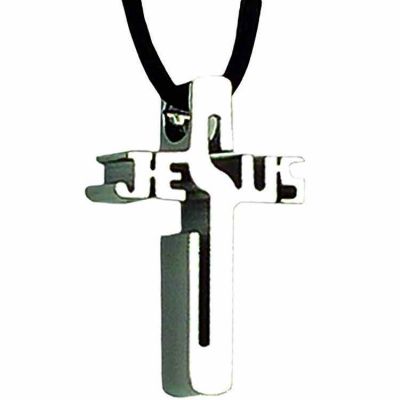 Polished Stainless Steel Jesus Cross on an 18in. Cord -  - J-14