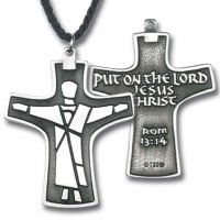 Put on the Lord PewterCross w/silhouette of Christ w/Cord - 2Pk