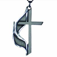 United Methodist Church Cross & Flame Pewter Plated w/Chain - 2Pk