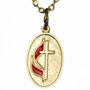 United Methodist Church Necklace Gold Oval Cross & Flame - 2Pk