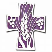 Wheat & Grapes Wall Cross Plaque Pewter With Purple Enamel