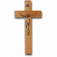 10 inch Oak Wood Cross With Museum Gold Corpus