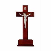 10 inch Standing Dark Cherry Wood Cross With Silver Corpus