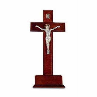10 inch Standing Dark Cherry Wood Cross With Silver Corpus - 846218027817 - 42A-10R7