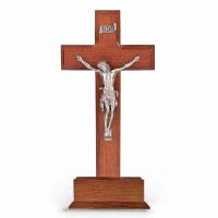 10 inch Standing Walnut Wood Cross Base With Pewter Crucifix
