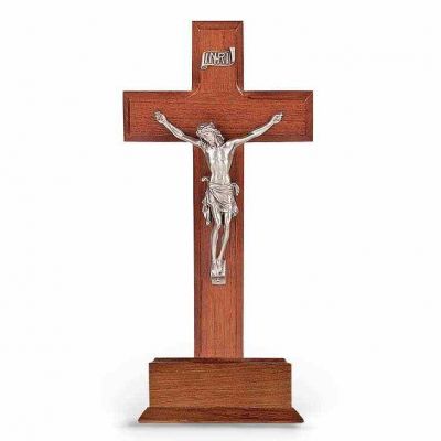 10 inch Standing Walnut Wood Cross Base With Pewter Crucifix - 846218025769 - 51P-10W7