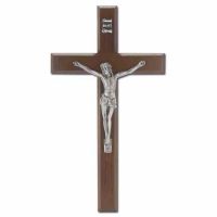 10 inch Walnut Finish Cross with Antiqued Silver Plated Corpus