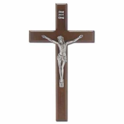 10 inch Walnut Finish Cross with Antiqued Silver Plated Corpus - 846218070394 - 411A-10W23