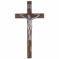 10 inch Walnut Finish Notched Cross with Antiqued Silver Plated Corpus