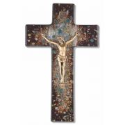 10" Rich Brown Speckled Glass Cross With Gold Corpus