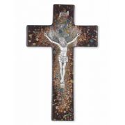 10" Rich Brown Speckled Glass Cross With Pewter Corpus