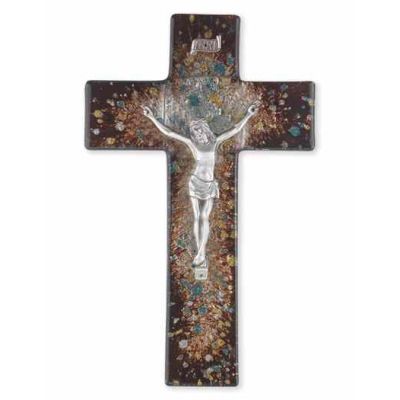 10" Rich Brown Speckled Glass Cross With Pewter Corpus -  - 26P-10SC5