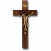 11 inch Walnut Wood Cross With Museum Gold Corpus