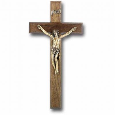 12 inch Walnut Wood Cross With Museum Gold Plated Corpus - 846218026421 - 25M-12W1