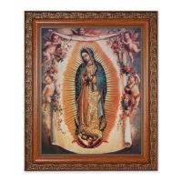 Our Lady Of Guadalupe w/Angels In A Fine Antiqued Mahogany Frame