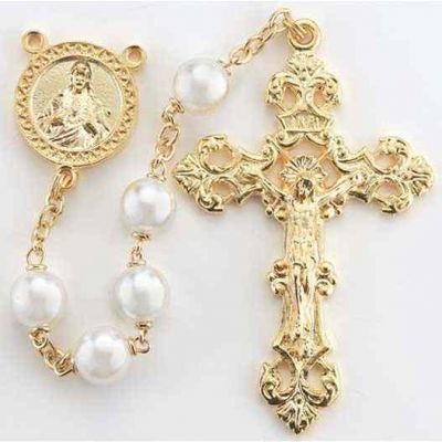 22 inch 7mm White Faux Pearl Round Glass Madonna Beads Rosary - 846218019751 - 01080P