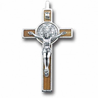 3.5 inch Saint Benedict Wood Inlay Nickel Bound Cross with Corpus - 846218025608 - 22270