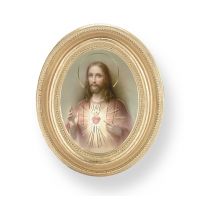 Sacred Heart Of Jesus Gold Stamped Print In Oval Gold Leaf Frame -