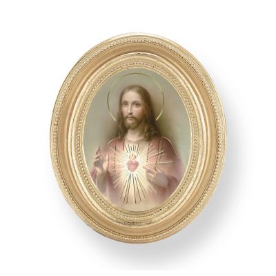 Sacred Heart Of Jesus Gold Stamped Print In Oval Gold Leaf Frame - 2Pk -  - 451G-111