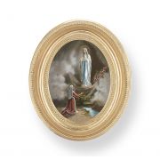 Our Lady of Lourdes Gold Stamped Print In Oval Gold Leaf Frame -