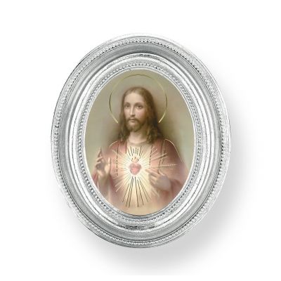 Sacred Heart Of Jesus Gold Stamped Print /Oval Silver Leaf Frame 2/Pk -  - 451S-111